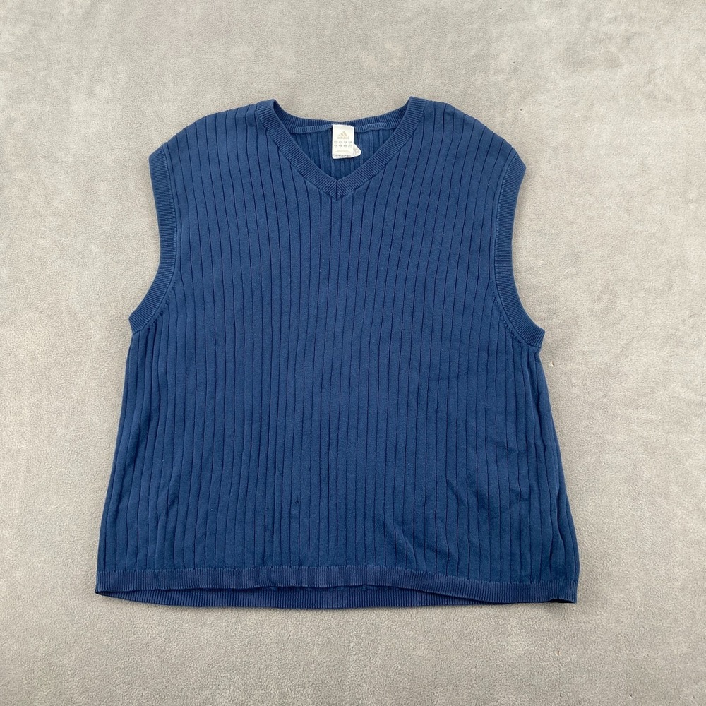 VTG Adidas‎ Sweater Vest Sz XL Navy Blue Ribbed Knit Slim Fit Sleeveless V Neck